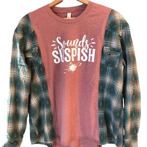 Reworked Flannel Tee, Size S-M: Upcycled Oversized Graphic T-Shirt Remake